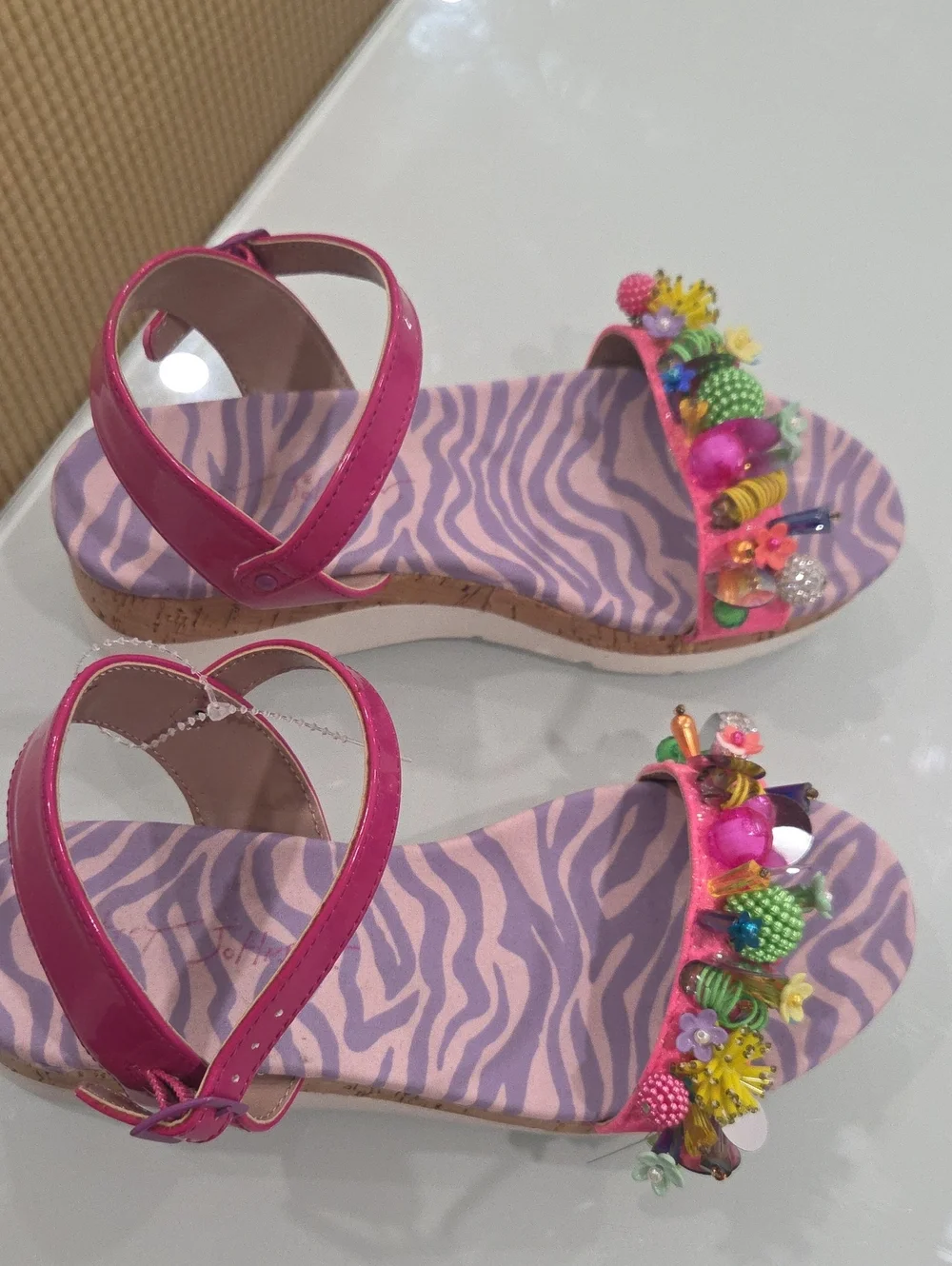 Betsey Johnson Pink Zebra-Print Beaded Ankle-Strap Sandals